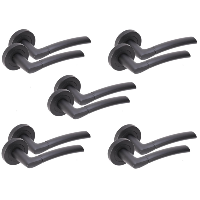 5 Pairs Indiana Style Modern Lever Latch Door Handles Set on Round Rose in Matt Black Finish, Installation Hardware