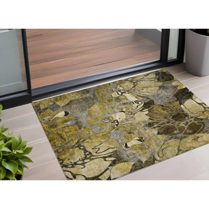 3' X 5' Green and Brown Abstract Washable Indoor Outdoor Area Rug