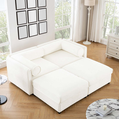 Canapé de rangement moderne à 2 places en chenille avec dossier cylindrique, accoudoirs et 2 repose-pieds pour un espace de vie confortable