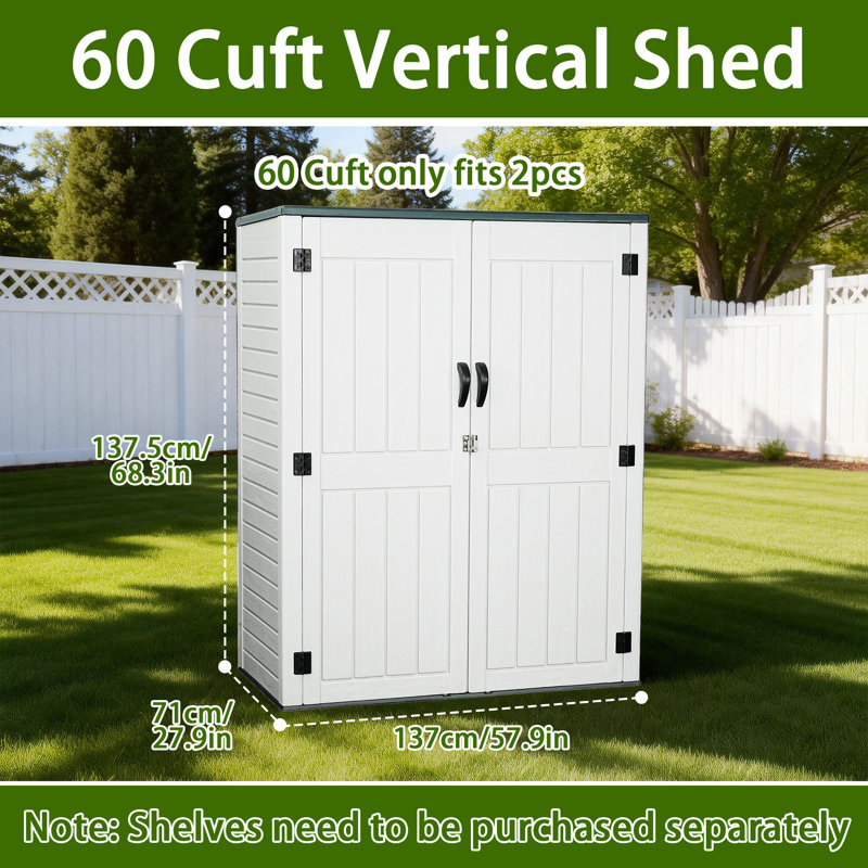 Remise de rangement verticale en résine EHHLY, remise à outils de jardin de 60 pieds cubes et rangement extérieur, armoire de rangement extérieure en plastique imperméable, remise de jardin extérieur de tondeuse à gazon de 5,6 x 2,3 pieds,