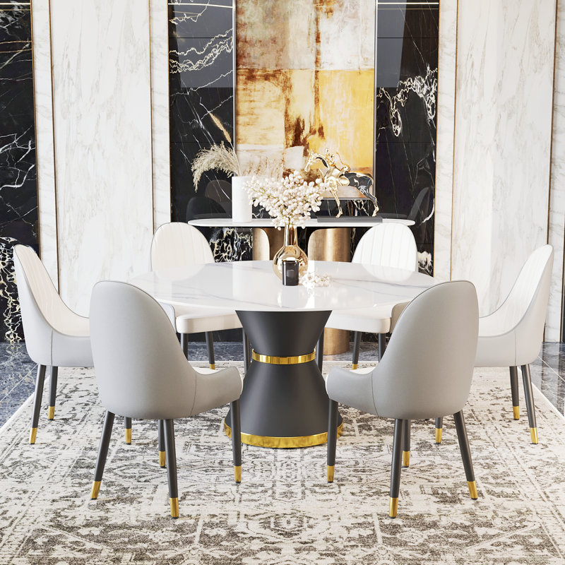 Ensemble de salle à manger moderne à 6 personnes avec base en piédestal Benedic, Blanc / gris, Blanc