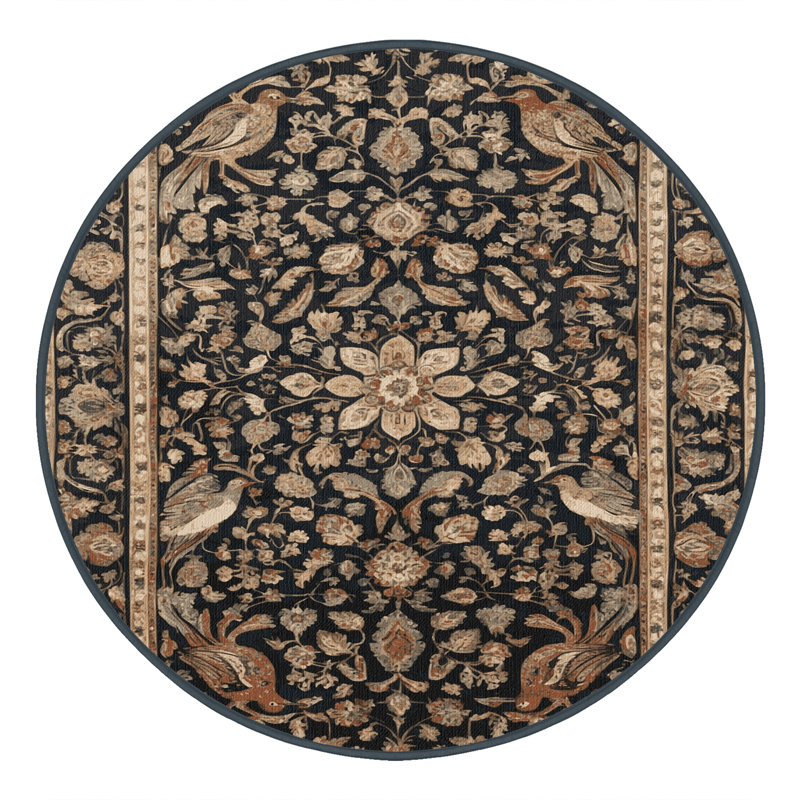 Machine Washable Persian Black Area Rug, Round 4'