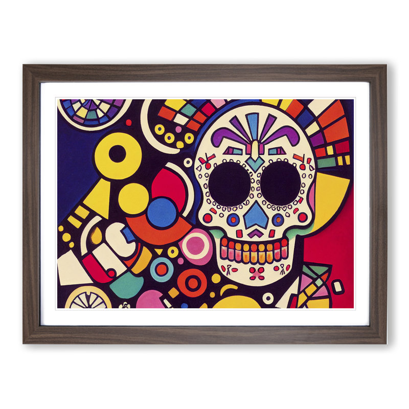 Entrancing Floral Sugar Skull Abstract - Single Picture Frame Painting, 34cm H x 46cm W x 2cm D, Walnut