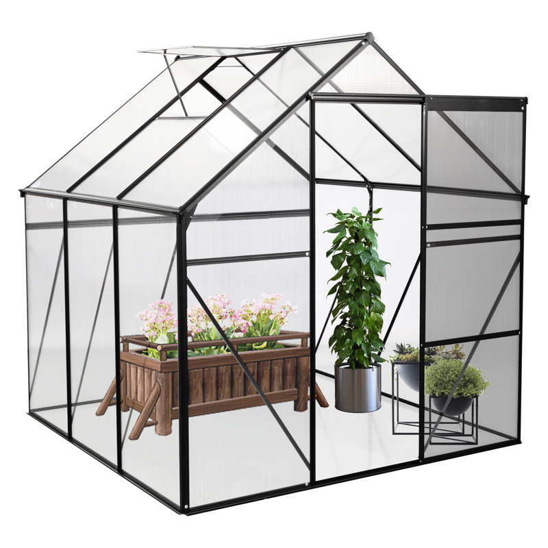 Walk-In Greenhouse 6X6ft - Polycarbonate noir avec cadre robuste, toit réglable toutes saisons pour la cour arrière, base galvanisée noire, porte coulissante robuste pour la croissance des plantes extérieures, amélioration du débit d'air,