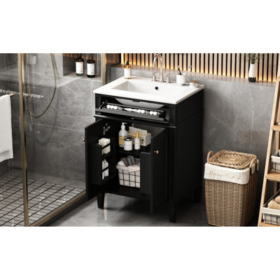 Meuble-lavabo de 24 po avec 2 portes, tiroir basculant et lavabo en céramique de style intemporel, rangement fonctionnel, pieds en bois massif de conception moderne pour les espaces, cadre, tablettes de rangement réglables