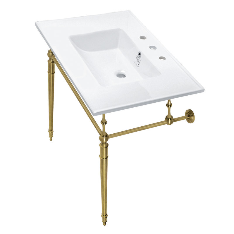 Kingston Brass Edwardian 31-Inch Ceramic Console Sink with Brass Legs, White/Brushed Brass, 8" Centers