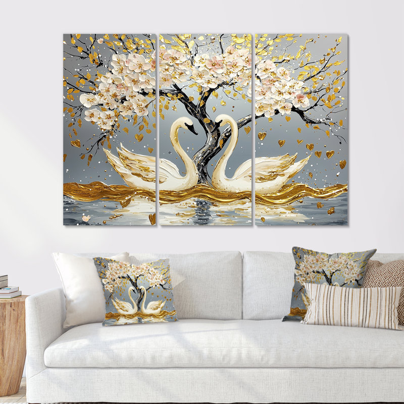 «Grey and Gold Swans Love Under Cherry Blossom II», ensemble de reproductions d'art mural cerisier en fleurs, Métal métal