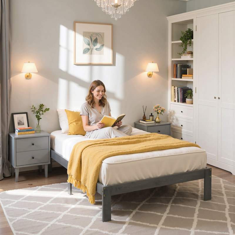 Structure de lit plateforme en bois massif de 12 pouces, structure de lit en bois sans sommier, Grey, Complet/Double