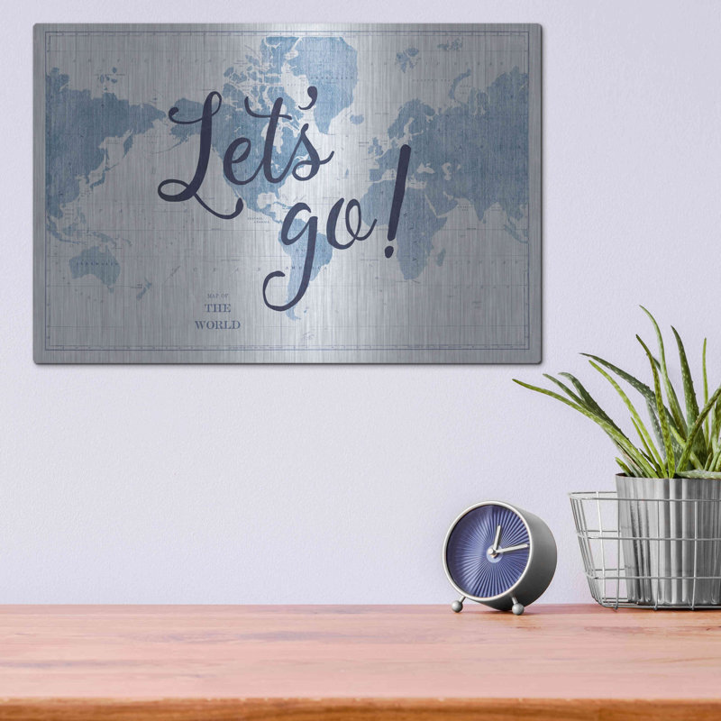 «Blueprint World Map Lets Go» par Sue Schlabach, art mural en métal, H 12 po x l 16 po