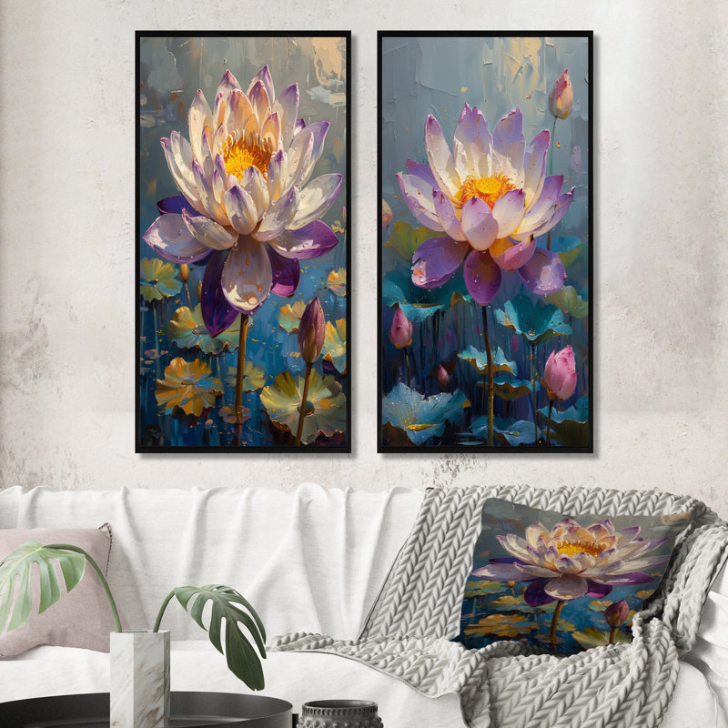 Mauve et gris lotus Bloom I - ensemble d'art mural lotus 2 pièces, H 28 po x l 24 po, Impression encadrée