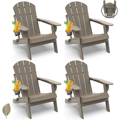 Folding-Adirondack-Chair-Set-Of-4 | Wood Grain | HDPE Plastic | Fire Pit Chairs | All Weather | Cup Holder | For Deck Backyard Patio Outdoor