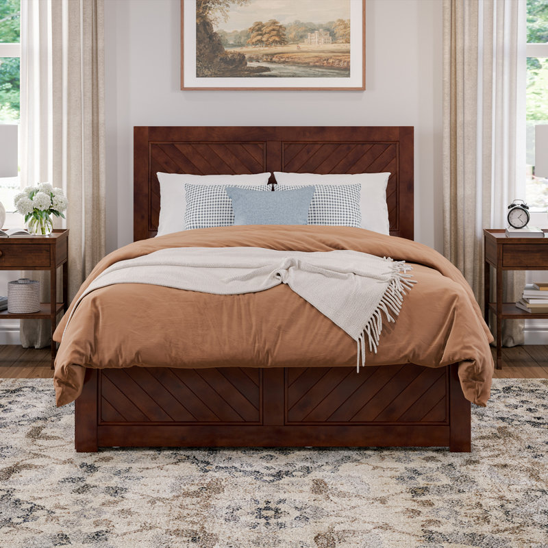 Jeinny Full Size Solid Wood Platform Bed with Full Size Trundle Bed, Walnut