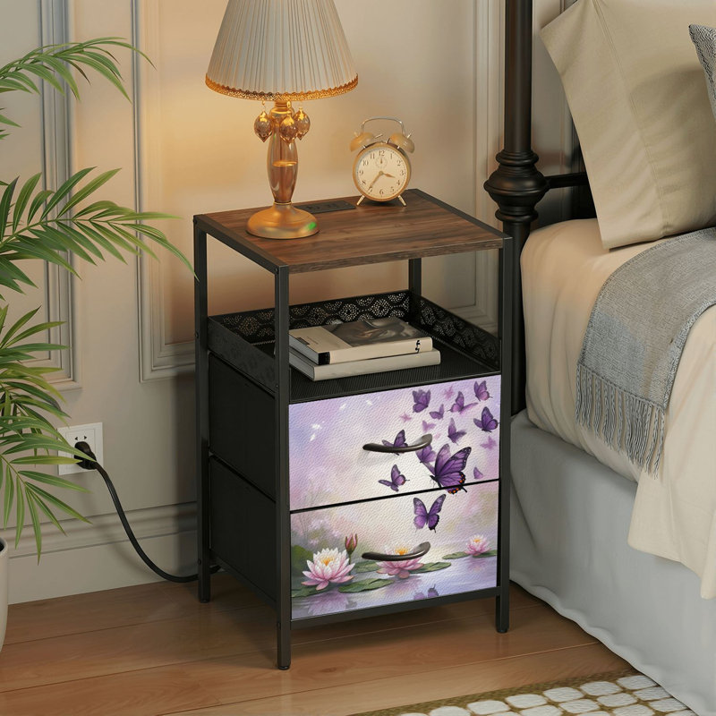 Table de chevet 2 tiroirs avec station de charge, table de chevet de chambre à coucher avec ports USB et prises ouvertes - tablette noire