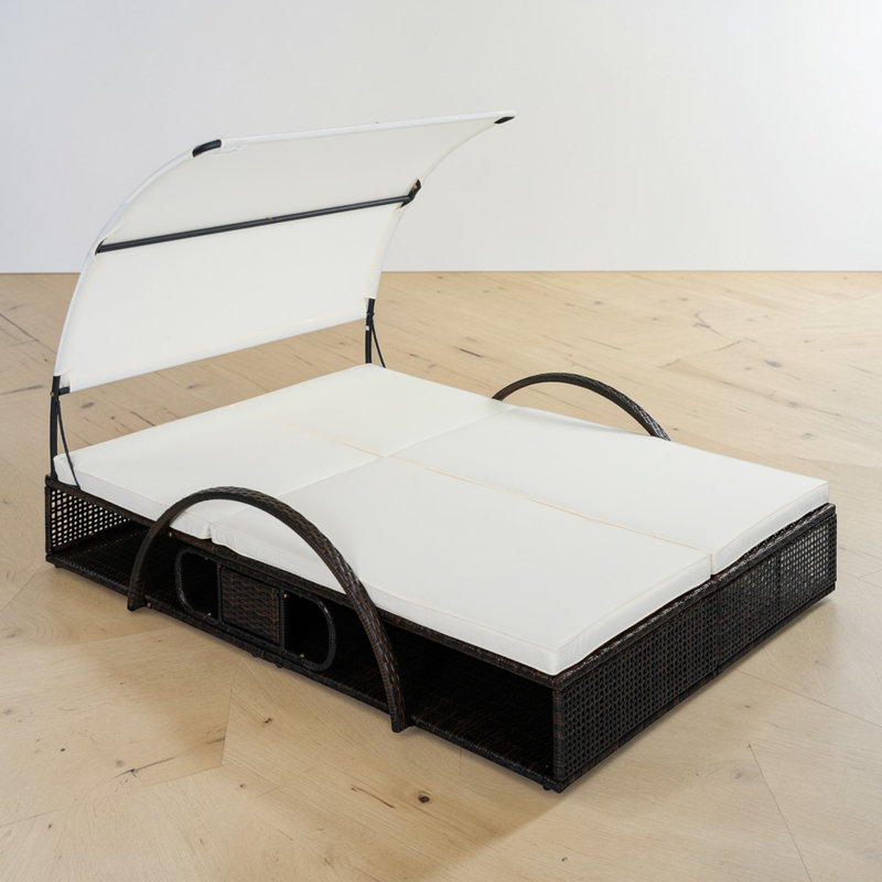 Outdoor Double Chaise Lounge, Adjustable Canopy And Backrest, Steel Frame, Rattan Woven Base With Arched Armrests, Contemporary, Poolside, Patio Relaxation