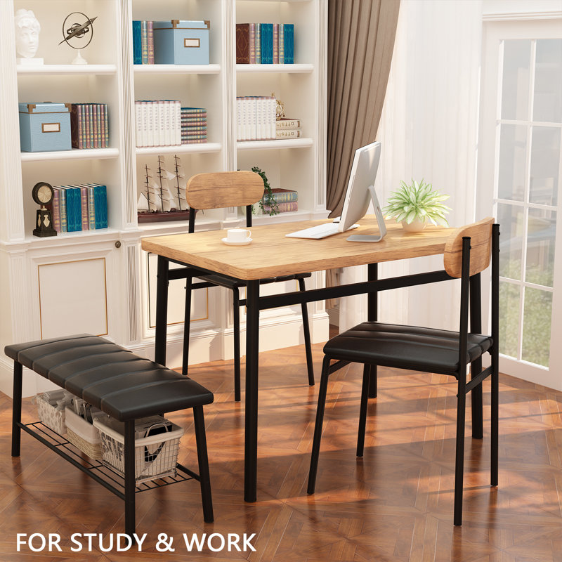 Ensemble de table de salle à manger 4 personnes avec 2 chaises et banc de rangement Jakarie pour petits espaces, cuisine, maison