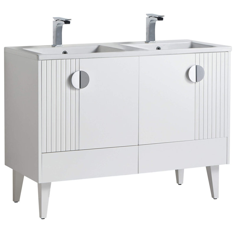 Ensemble de meuble-lavabo double 47 po Saimah, Blanc mat, Chrome poli
