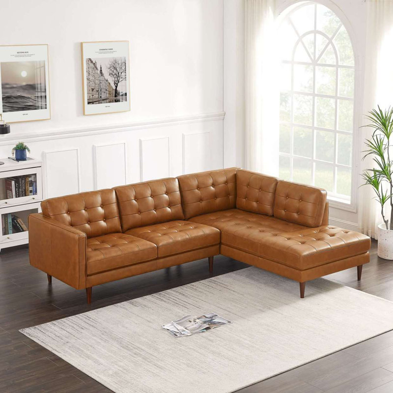 Canapé modulaire en cuir véritable Lucco brun clair cognac faisant face à la droite