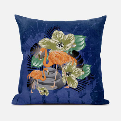 Flamingo With Flower Outdoor Reversible Throw Pillow