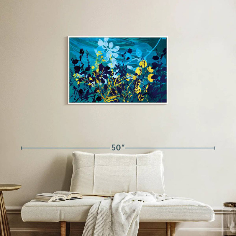 Feuillage de paysage doré et bleu, Cadre flottant blanc, 31 po x 21 po