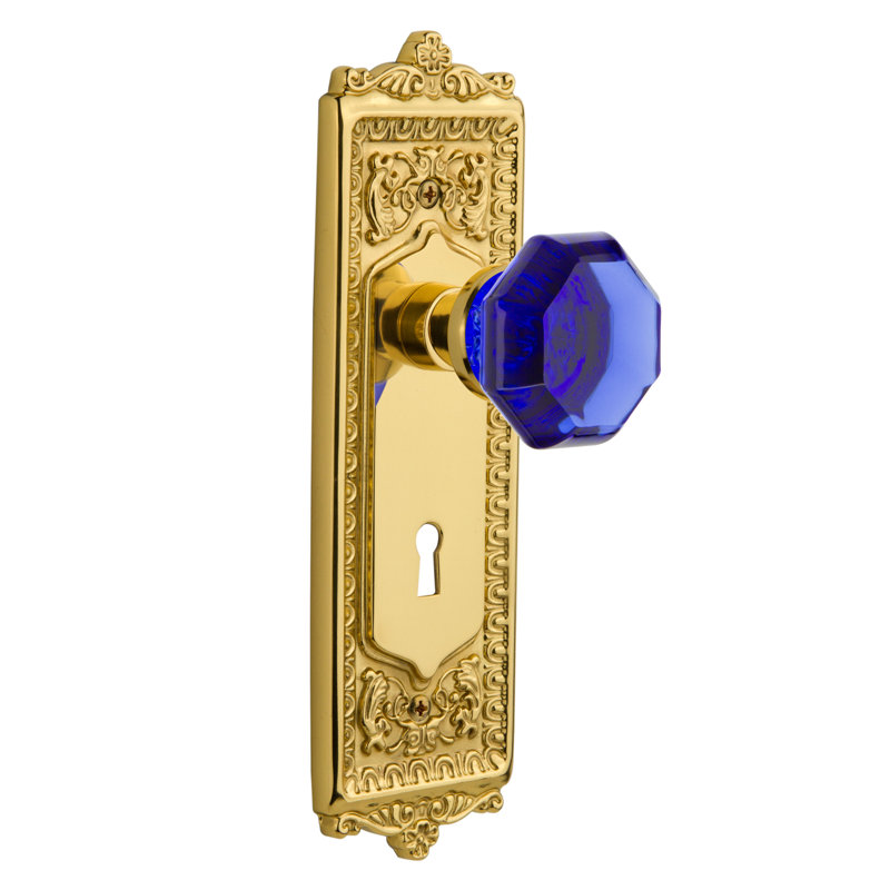 Egg & Dart Plate avec trou de serrure décoratif et bouton de porte Waldorf Cobalt, Laiton non laqué
