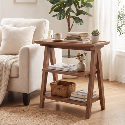 Narrow End Table, Solid Wood 3-Tier Side Table for Living Room