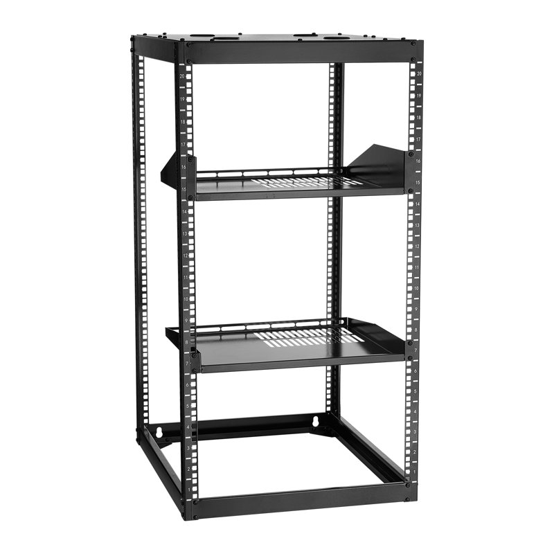 Support réseau à cadre ouvert 20U, profondeur de 23 po, support mural ou sur pied, support robuste à 4 colonnes, avec tablettes ventilées et quincaillerie de fixation, peut contenir tout votre équipement audiovisuel de réseautage