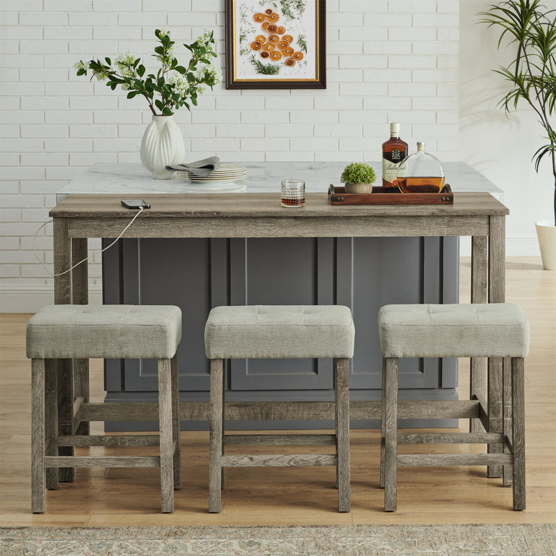 Bar Sofa Table With Power Outlet, 4 Piece Bar Table And Chair Set With Upholstered Stools, Brown/Beige, Brown