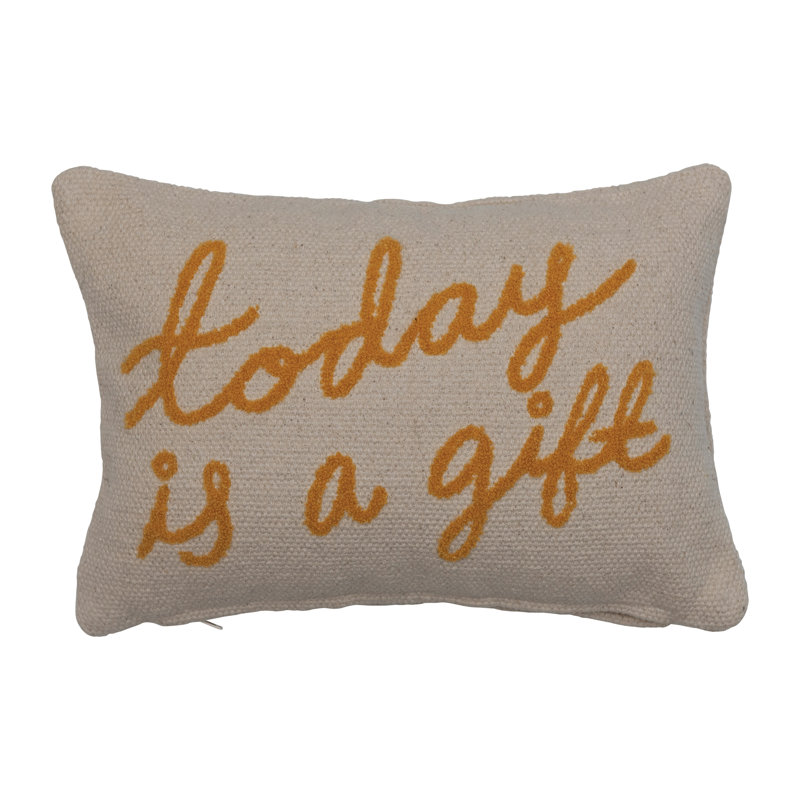 Cream and Mustard Embroidered Cotton Lumbar Pillow