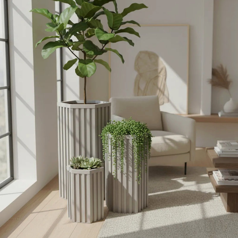 Hexagon Column Planter Sm - Grey Brown, Brown Gray, 16.25" H x 10.5" W x 9.13" D