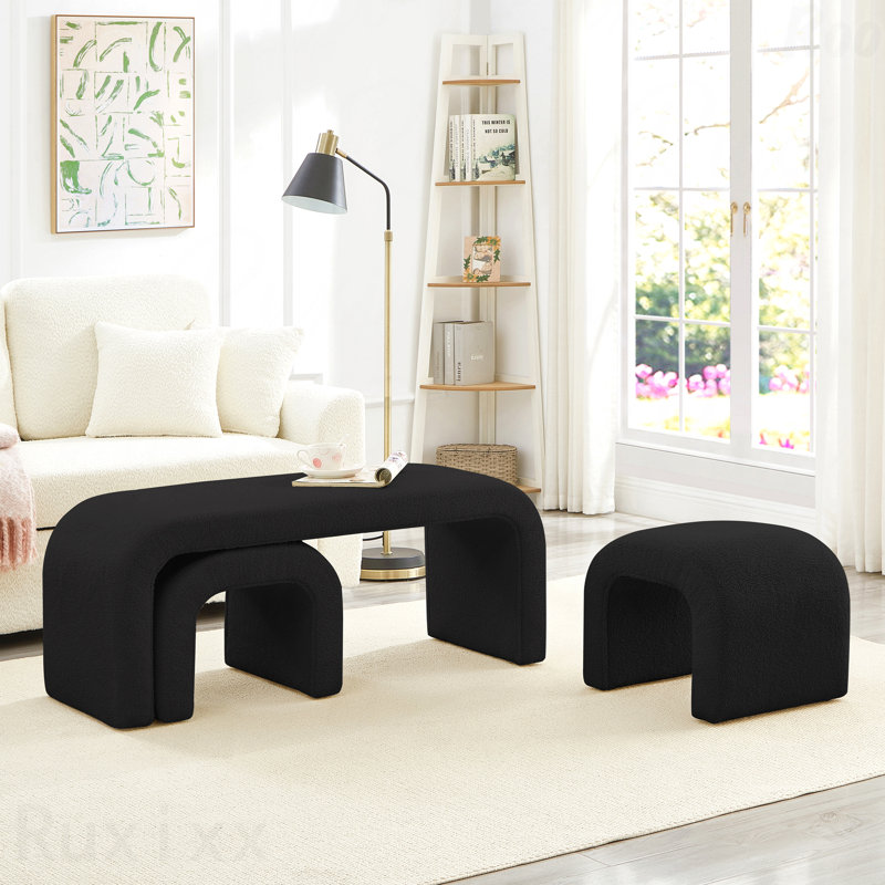Ensemble de 3 bancs en forme de U - Repose-pieds rembourré en peluche, Noir