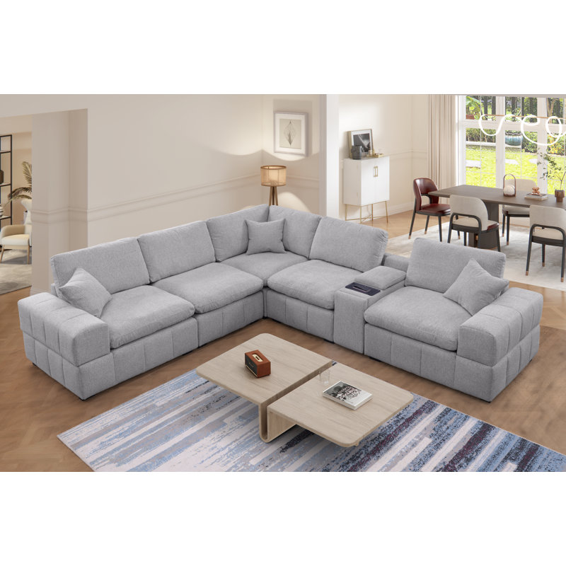 Canapé modulaire rembourré en chenille 6 pièces avec console centrale, chargement et rangement sans fil, Chenille gris pâle