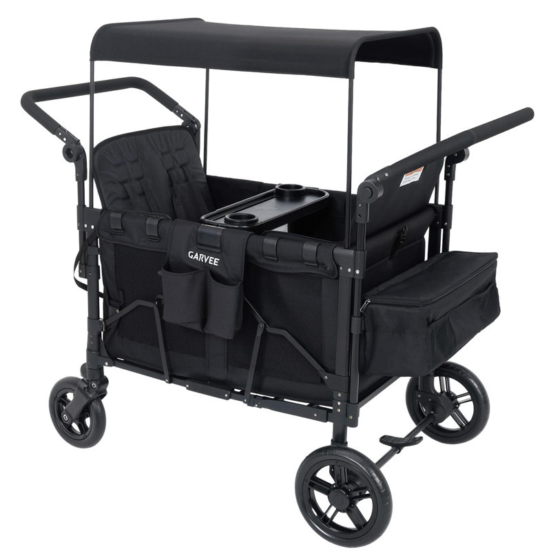 Poussette 4 places - Wagon tout-terrain de qualité supérieure pour enfants avec plateau à collation, auvent amovible, poignée à pousser / tirer réglable, noir