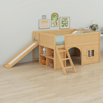 Low Loft Bed Combined With Slide And Shelves