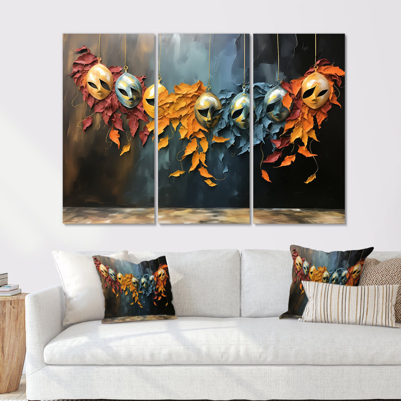 Chine, masques d'opéra jaunes et bleus I - art mural chinois, Toile tendue, H 40 po x l 60 po x P 1 po