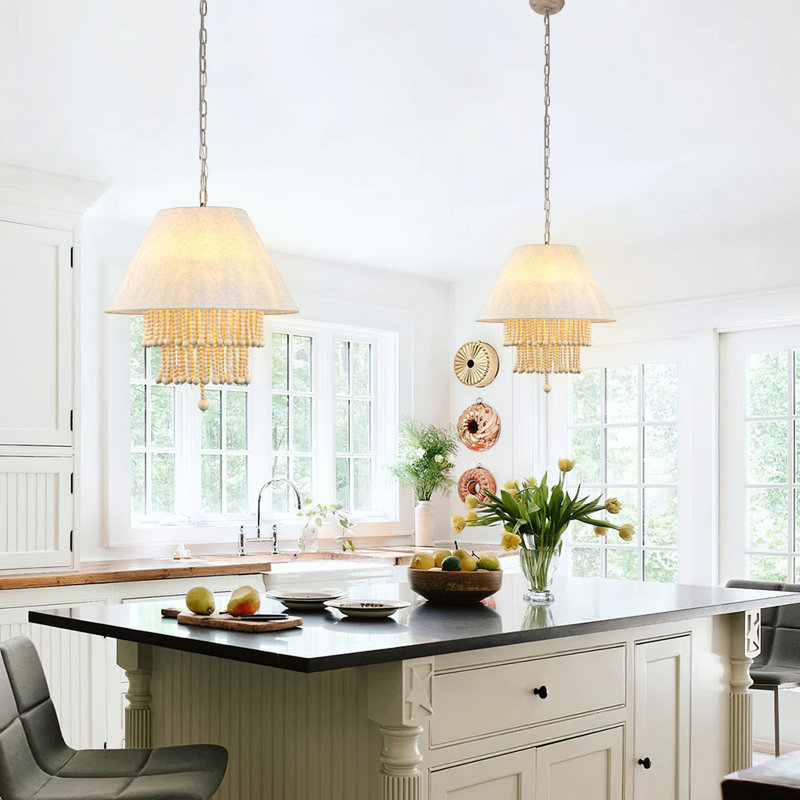 Lustre moderne de 24 po de style Bo-Ho avec perles en bois massif