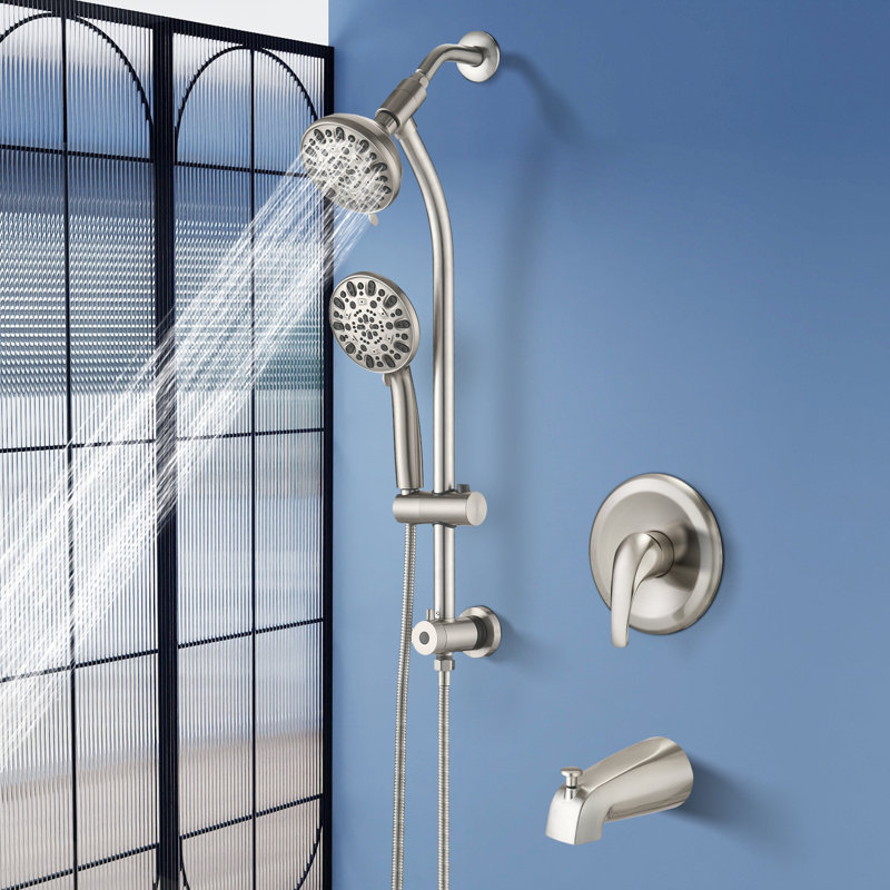 Drill-Free Stainless Steel Slide Bar Combo Rain Showerhead 7-Setting Hand, Dual Shower Head Spa System With Tup Spout (Rough-In Valve Included)