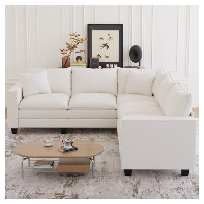 Canapé d'angle en chenille beige en forme de L avec rangement intégré aux accoudoirs, canapé sectionnel de 246 cm de profondeur pour salon