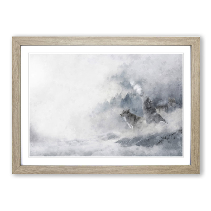 Wolves in Winter - Picture Frame Painting, 27cm H x 36cm W x 2cm D, Oak Framed