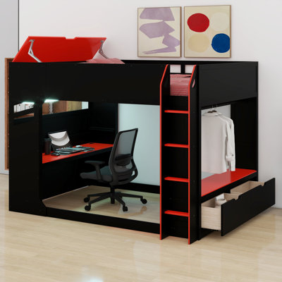 Lit mezzanine en bois avec bureau réglable en hauteur, tiroirs, compartiments de rangement, tringle et lumières RVB