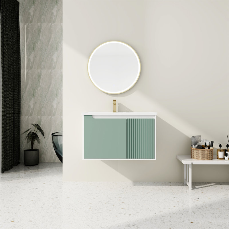 Mint Green Plywood Floating Single Sink Vanity with White Ceramic Top
