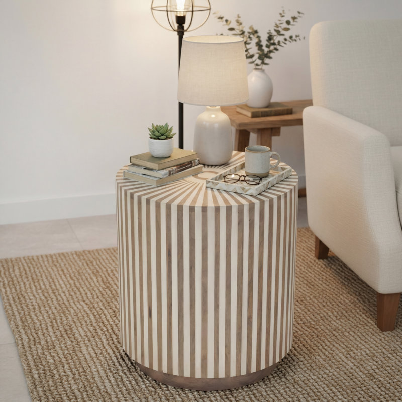 Round Solid Wood End Table with Starburst Pattern