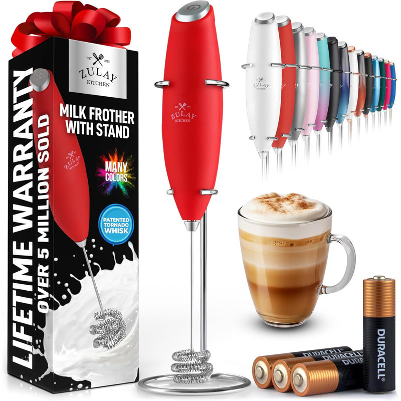 Mousseur à lait Zulay Kitchen Tornado avec 4 piles Duracell Aa, Rouge / argent
