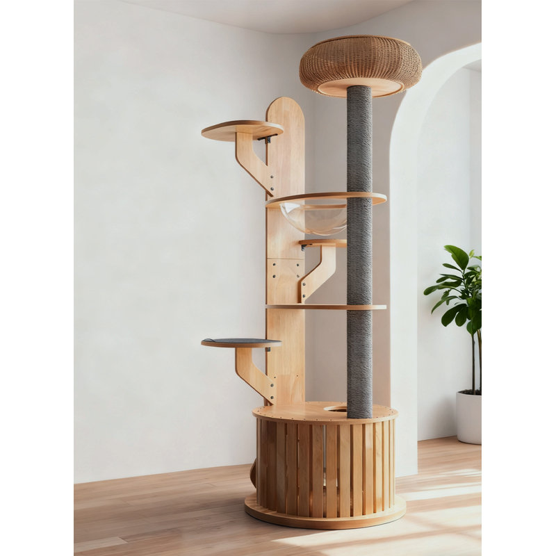 74.8-inch natural color full-length solid rubberwood cat climbing frame
