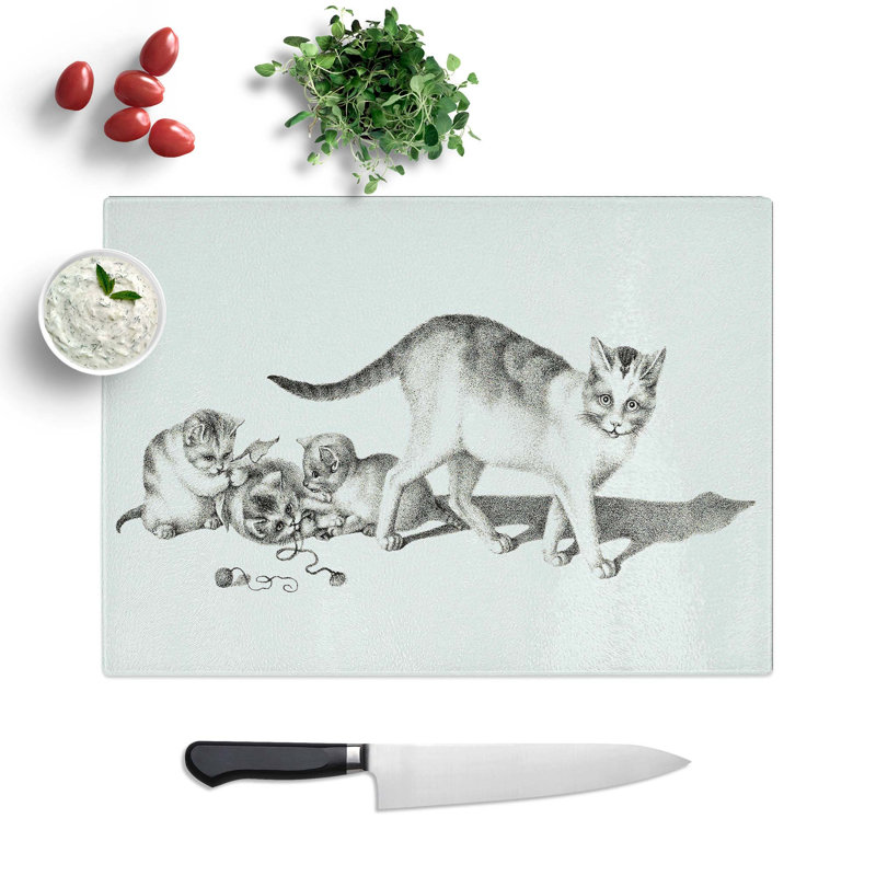 Tempered Glass Cat with Playful Kittens Chopping Board, 28.5 cm W x 20 cm L