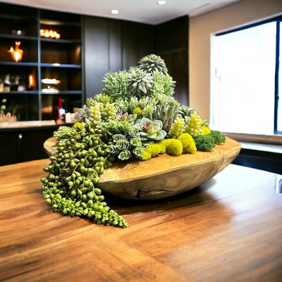 Conception succulente sur un vase circulaire en bois | Centre de table succulent | Vase décoratif avec plantes grasses