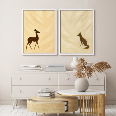 Minimal Deer and Fox Silhouette Framed Wall Art Prints Set of 2 - Warm Beige Wildlife for Living Room Bedroom