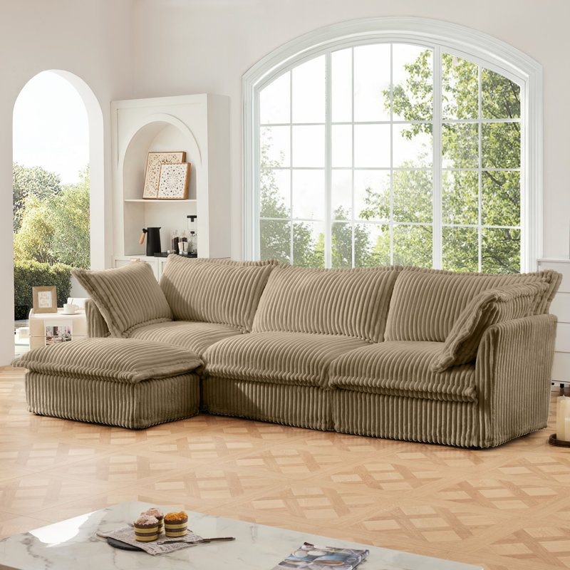 L-Shaped Slipcovered Sectional Sofa Couch, Comfy Deep Seat Cloud Couch With Convertible Ottoman & 2 Big Pillows, Modern Oversized 3 Seater For Living Room And Office, Camel Corduroy