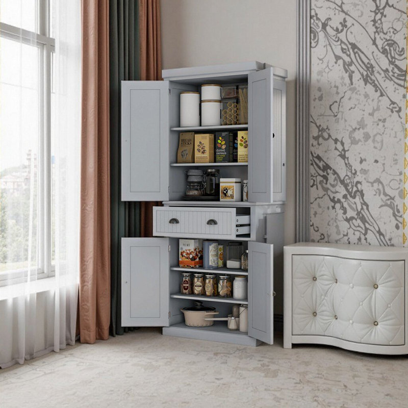 Armoire garde-manger 72 po avec 4 portes, 3 tablettes réglables et un grand tiroir, Gris