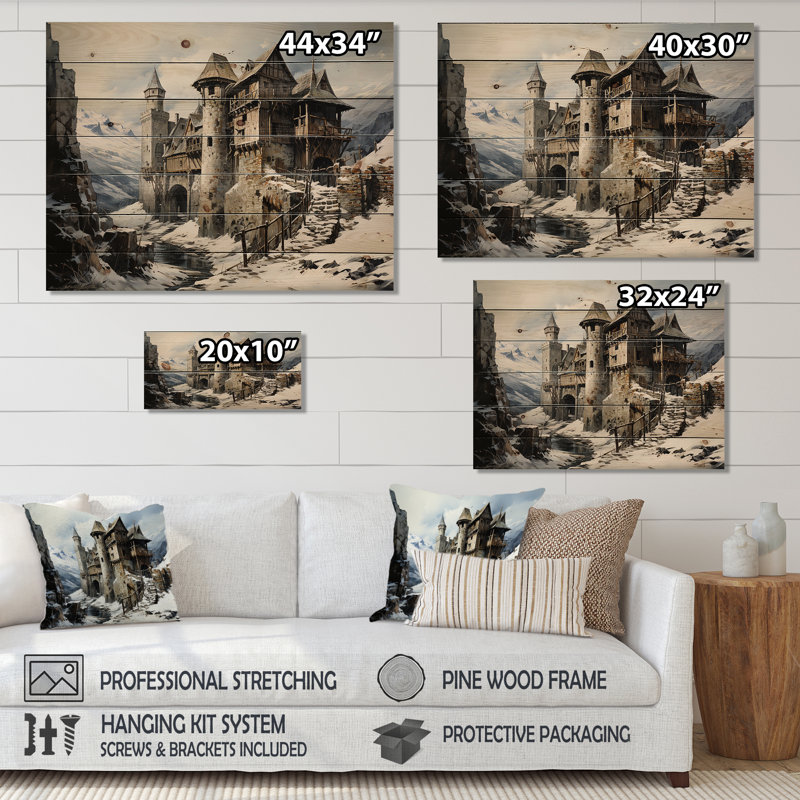 Mediaval Castle In Winter Charm I - Châteaux sur bois, H 10 po x l 20 po