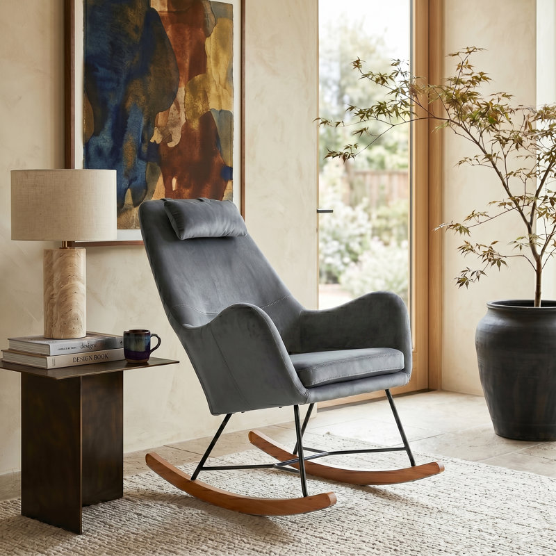 Chaise berçante en velours Brentwood Mid-Century avec coussin pour le cou et structure en métal, Gris foncé